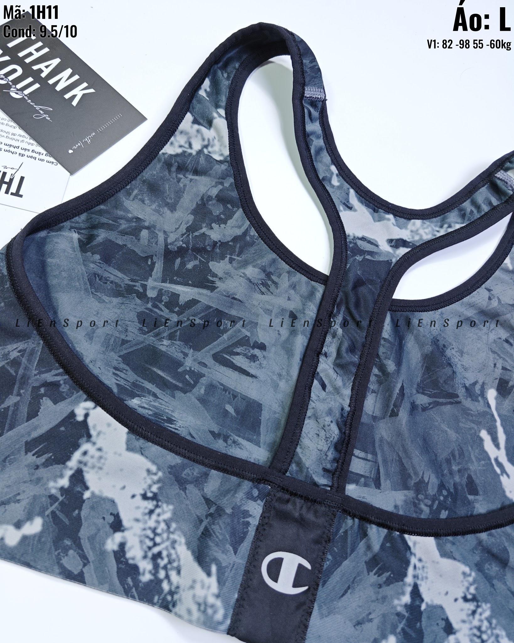 Champion Áo bra thể thao lưng chữ X Nữ Size L Xám đen loang trắng Auth 2nd Co giãn tốt Thấm hút mồ hôi Dáng ôm sát Phù hợp gym yoga chạy bộ Logo ép nhiệt Mã:1H11_thumbnail_5