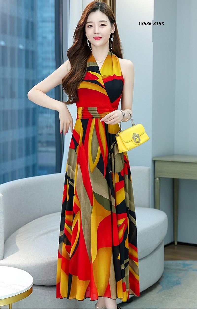 13536-Đầm maxi sát nách cổ  đắp chéo in họa tiết  sắc màu(voan; khóa hông )_thumbnail_2