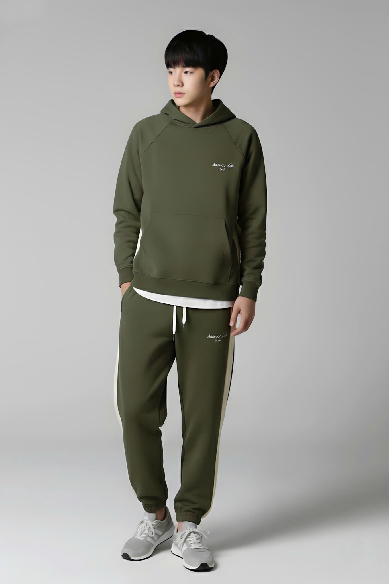 Áo nỉ hoodie màu xanh olive phối dọc_thumbnail_2