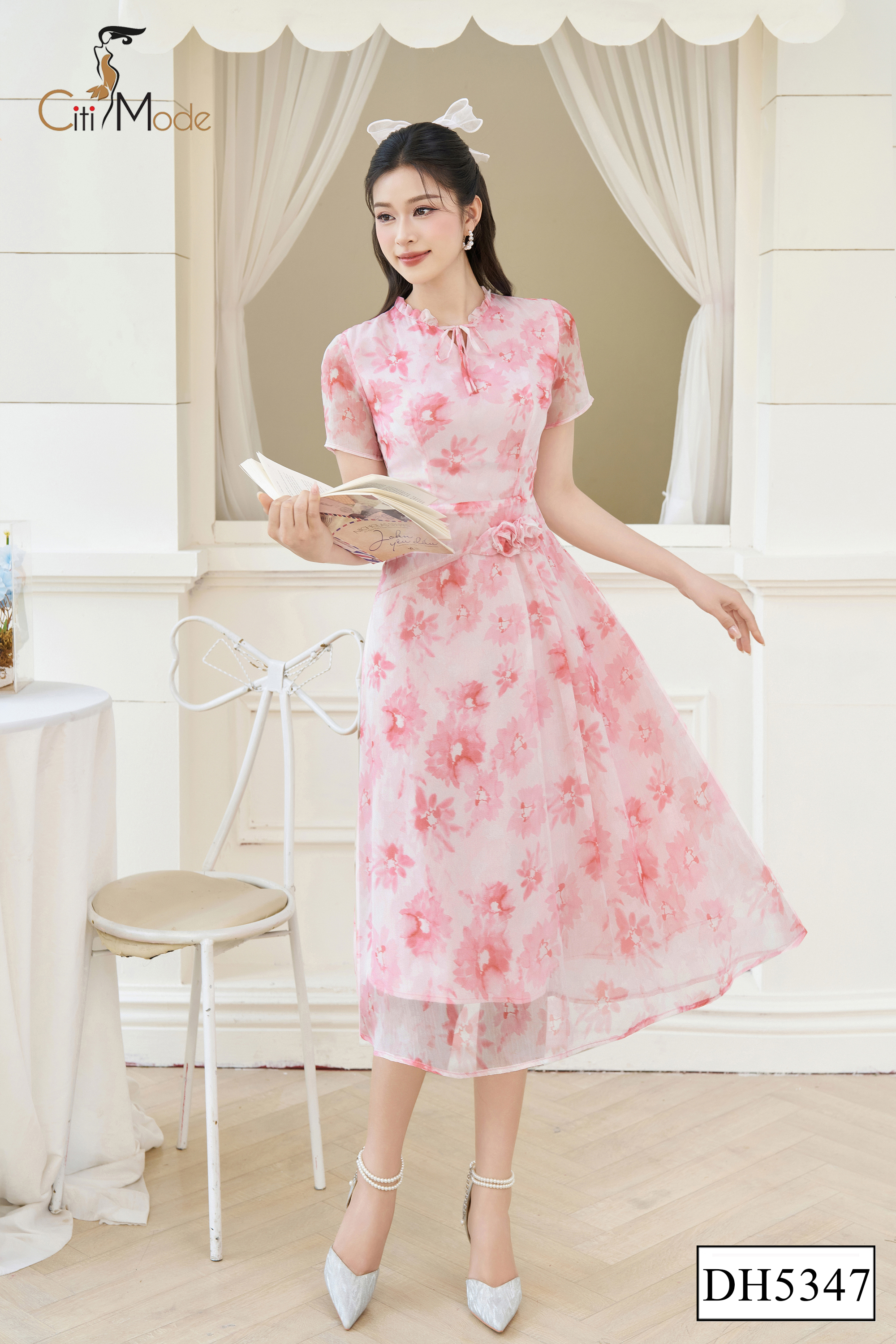 Đầm xòe hoa hồng cổ nhún đính hoa eo_thumbnail_3