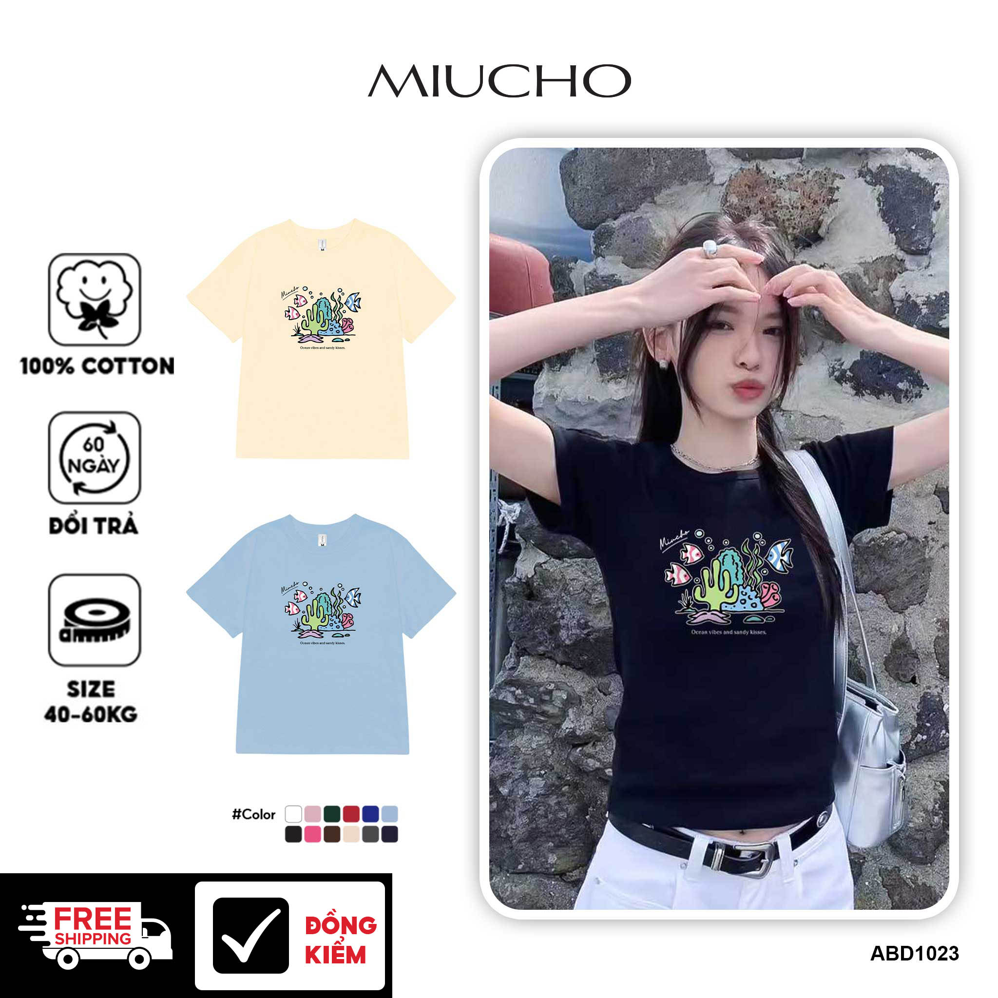 Áo thun baby tee form ôm xinh xắn mùa hè ABD1023 Miucho tay ngắn Cổ tròn hotrend in mix