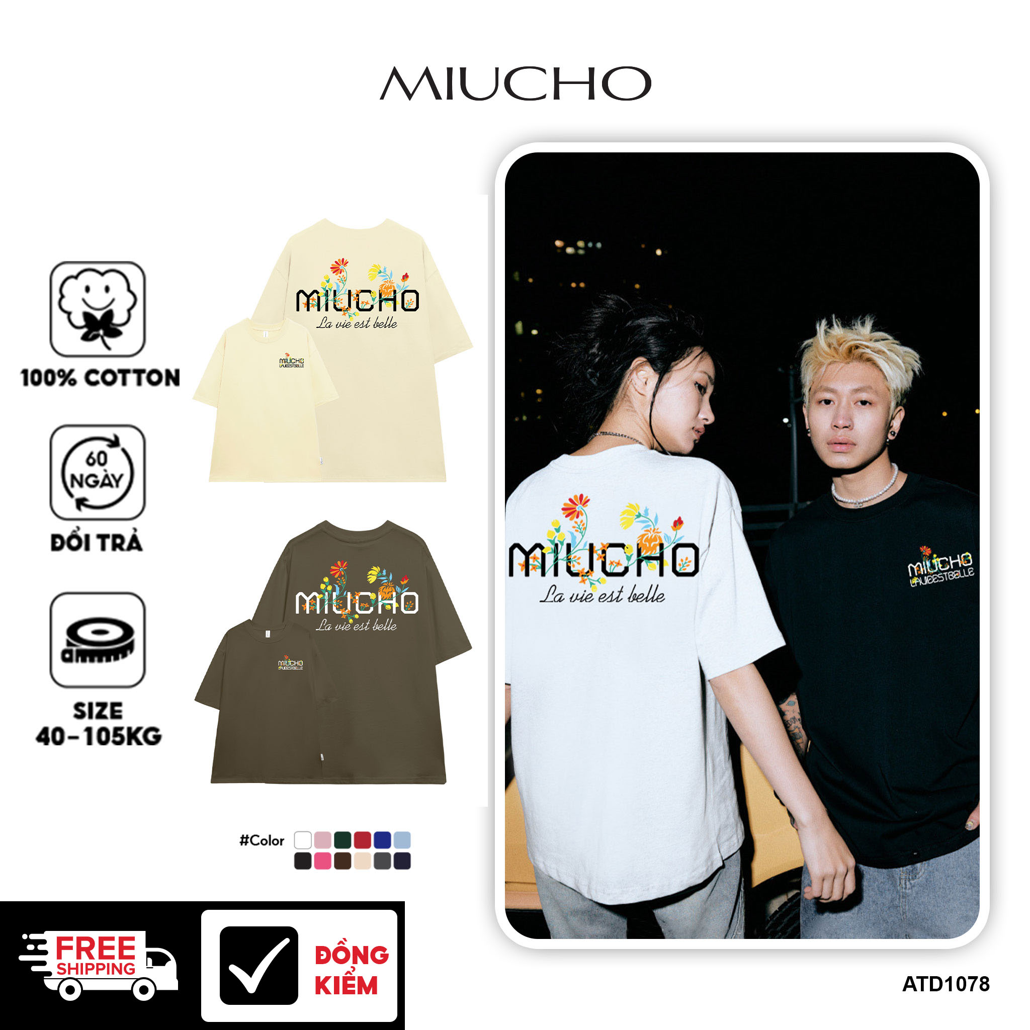 Áo thun form rộng unisex local brand ATD1078 Miucho tay lỡ cổ tròn in mix