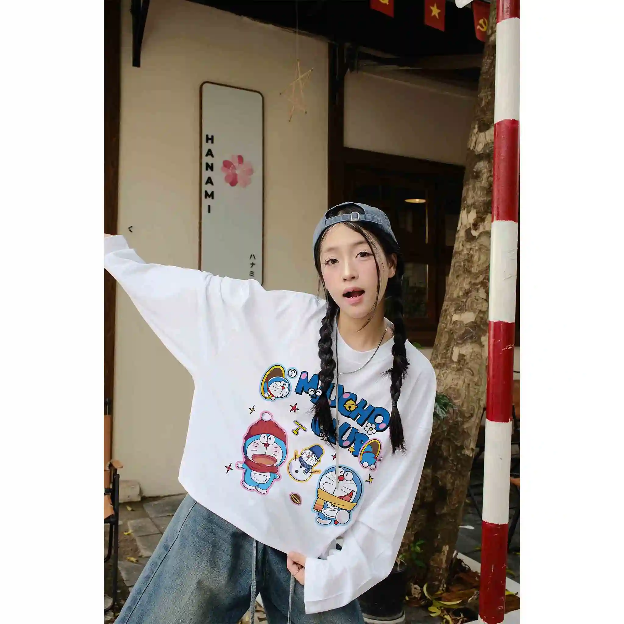 Áo thun boxy local brand Miucho vải cotton thoáng mát tay dài cổ tròn Doremon in mix 2771_thumbnail_2