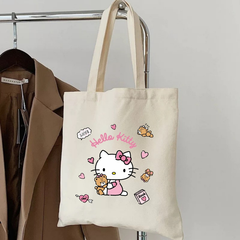 Túi tote vải canvas đeo vai hình HELLO KITTY dễ thương, có khóa kéo và ngăn phụ - WTU03_thumbnail_1
