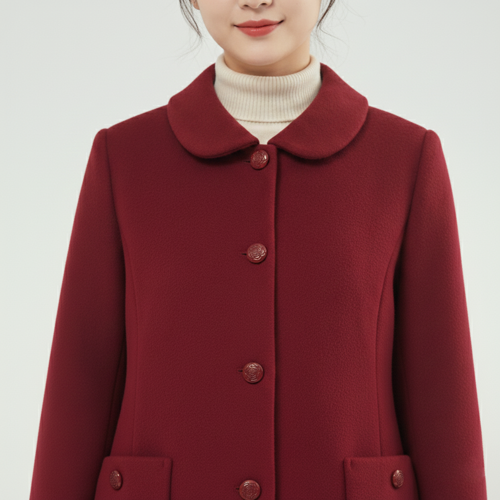 Áo măng tô Suông Vải dạ lông cừu Trang trí khuy hoa hồng Cổ bẻ Dài đến bắp chân_thumbnail_10