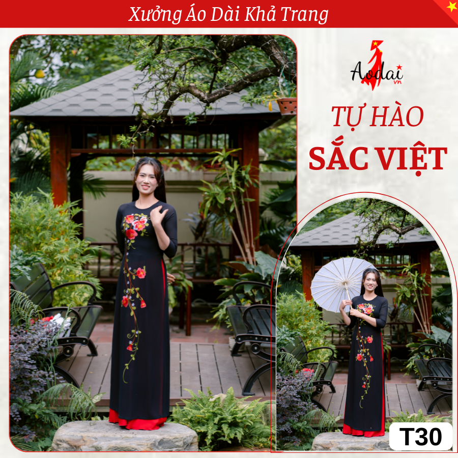T30 Áo Dài Thêu Hoa đỏ Cánh Tròn thiết kế cổ Tròn Tay Lỡ_thumbnail_5