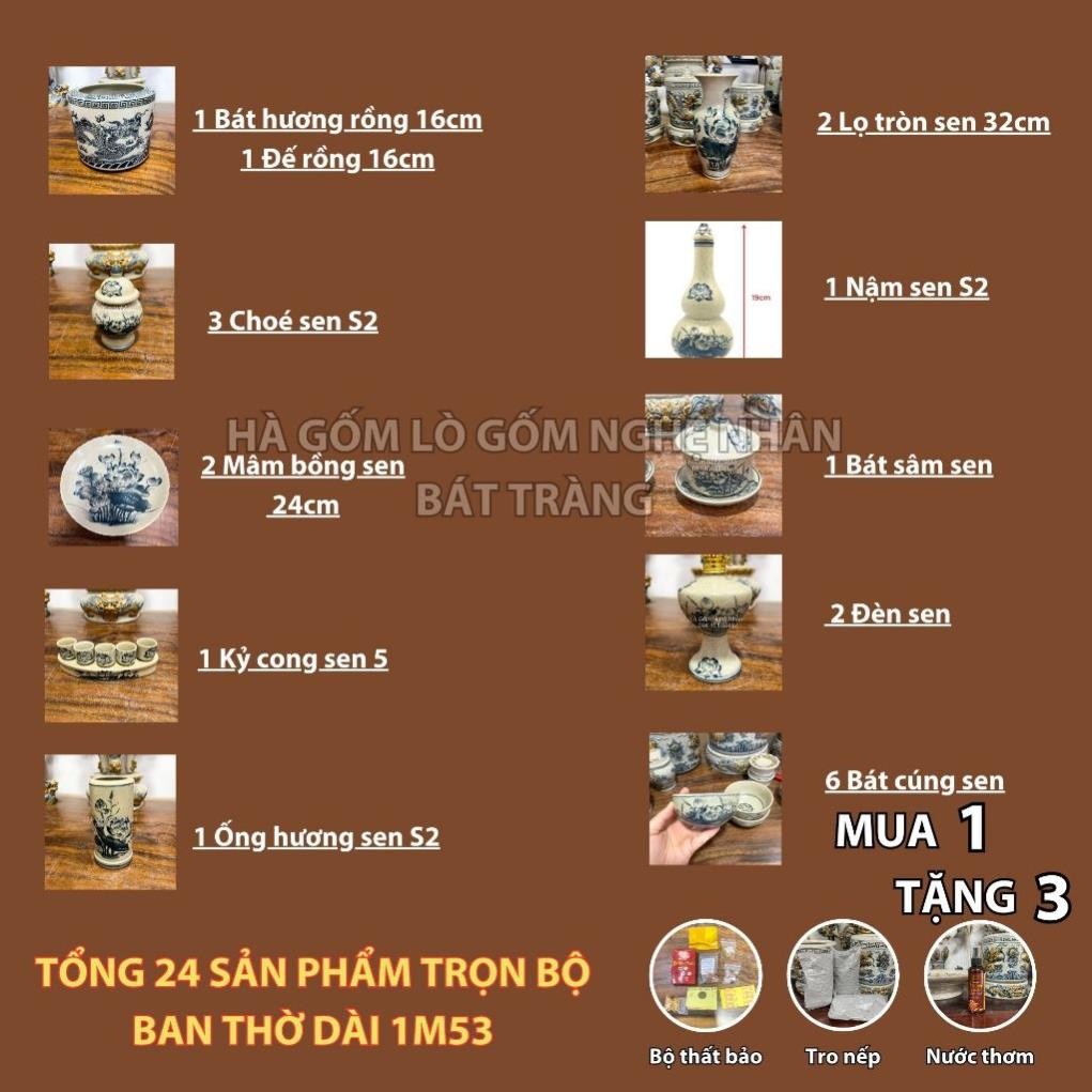 HG103 Đồ Thờ Cúng Bộ 24 món ban thờ 1M5 - 1M7 men rạn trơn nghệ nhân Bát Tràng chế tác TẶNG Thất Bảo, Tro Nếp_thumbnail_1