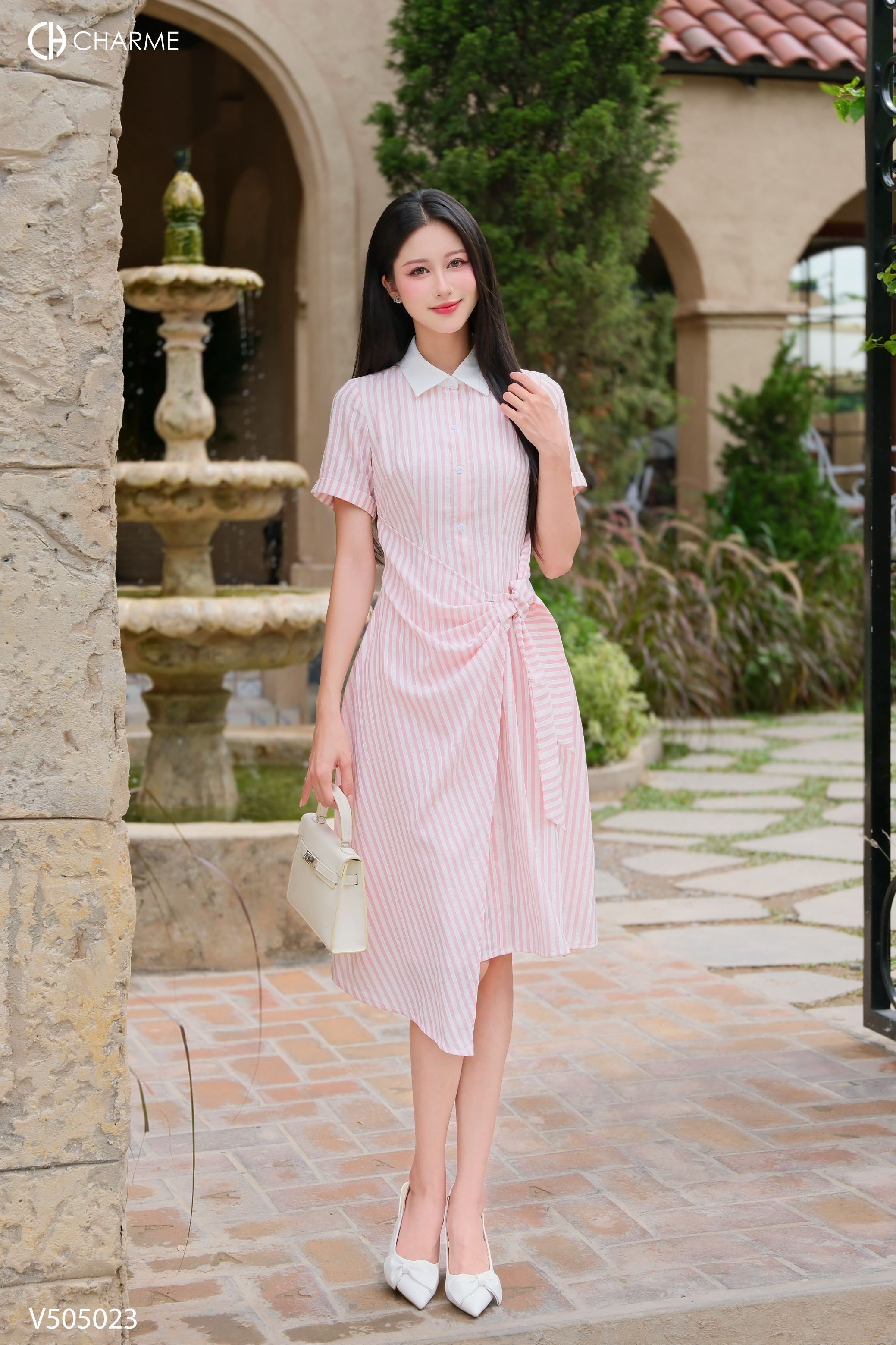 Váy sơ mi cổ đức thắt nơ eo