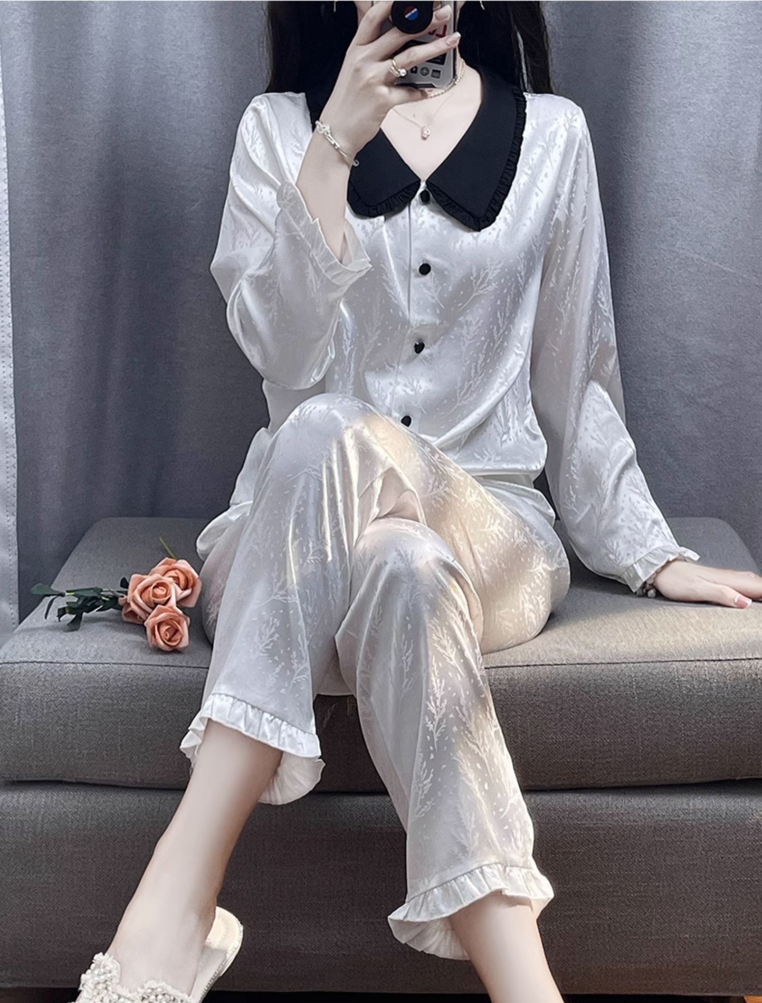 N35 Pijama lụa gấm họa tiết lá cỏ cao cấp