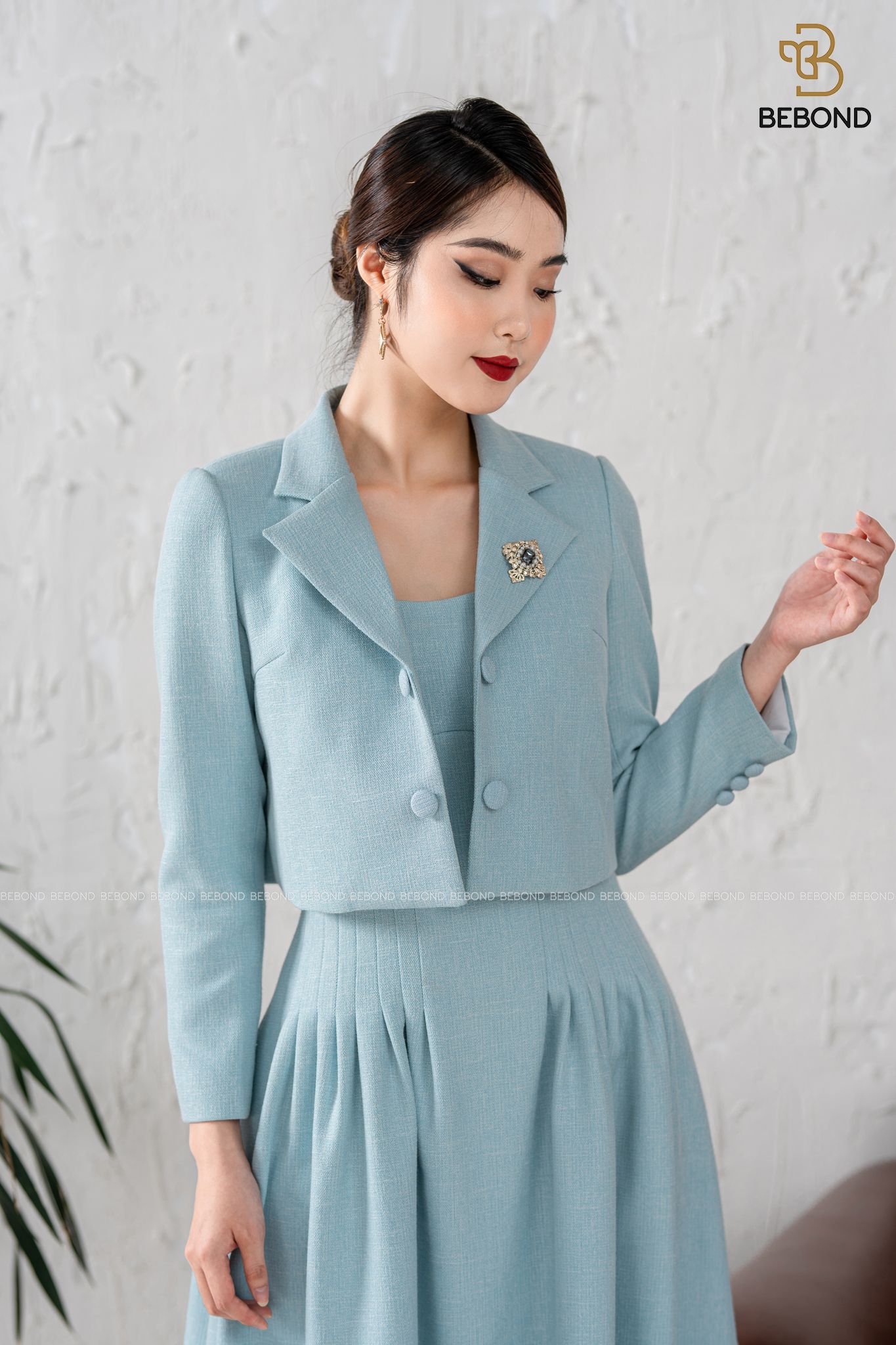 Set Vest dạ tweed Laura xanh thiên thanh