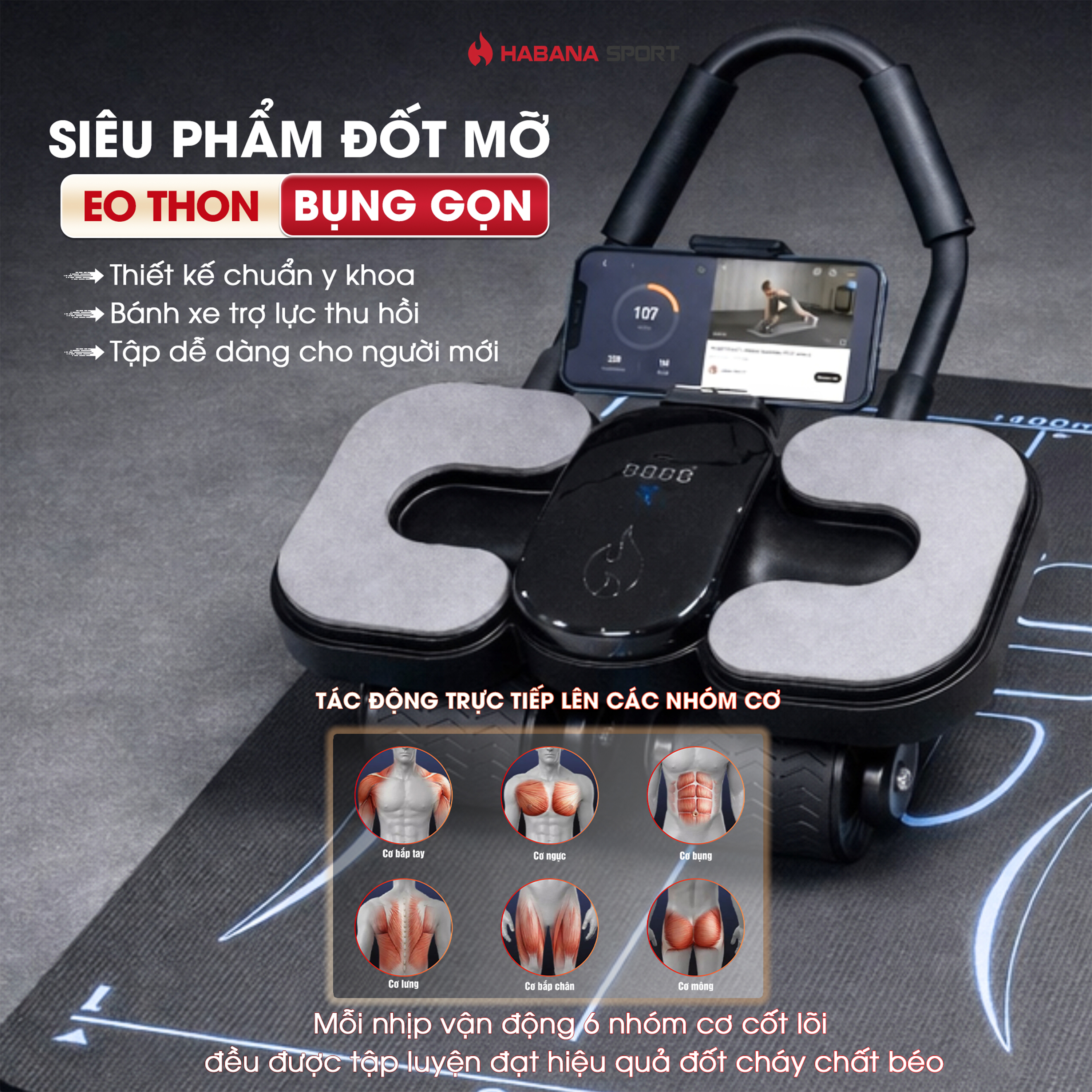 Máy Tập Bụng Đốt Mỡ Thông Minh Habana - [ TẶNG ] Thảm tập 1m4 + Đệm kê gối _thumbnail_4