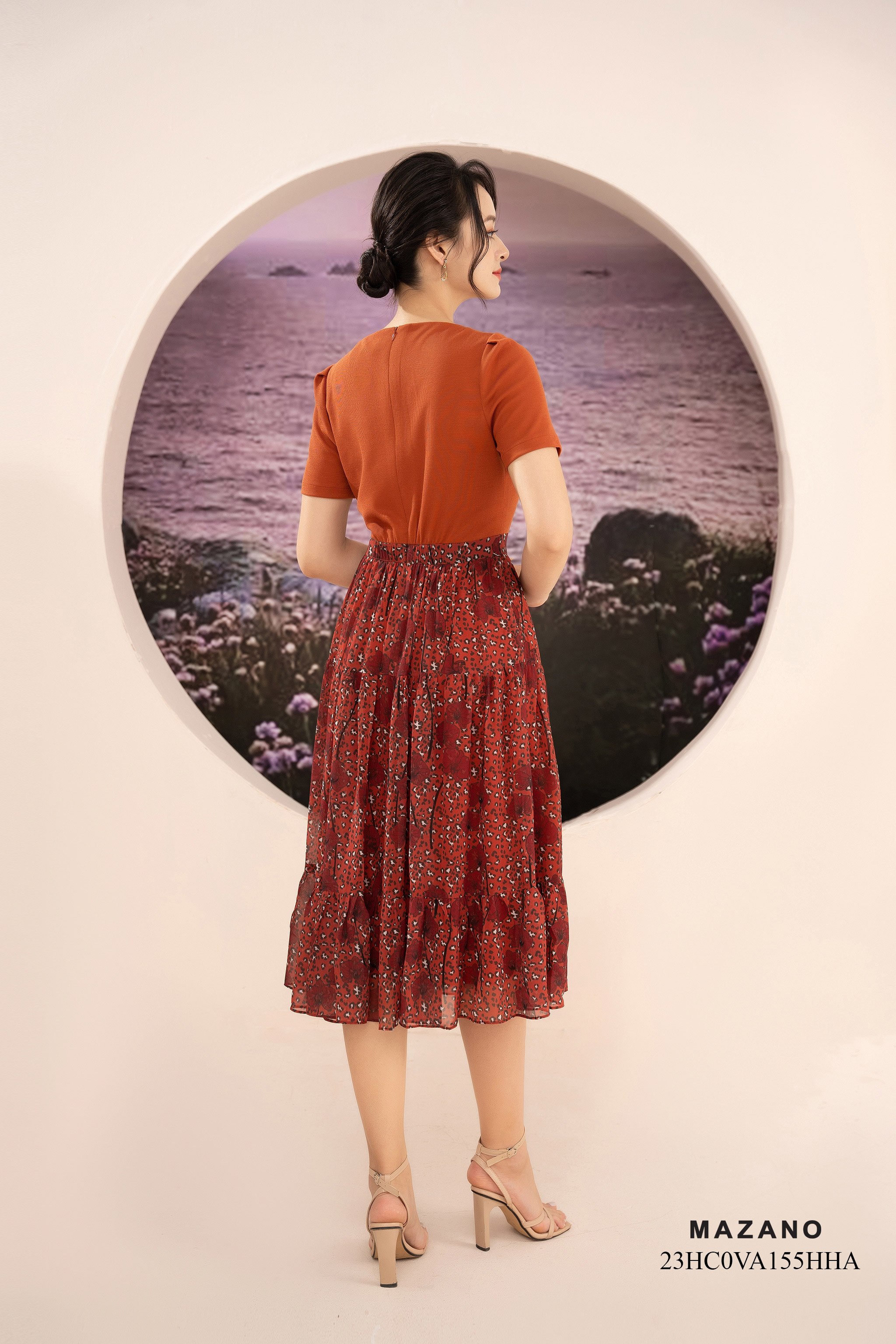 Váy Đầm Ôm Vải thun phối voan Hoạ tiết hoa in Cổ tròn Tay ngắn Dài ngang bắp chân_thumbnail_2