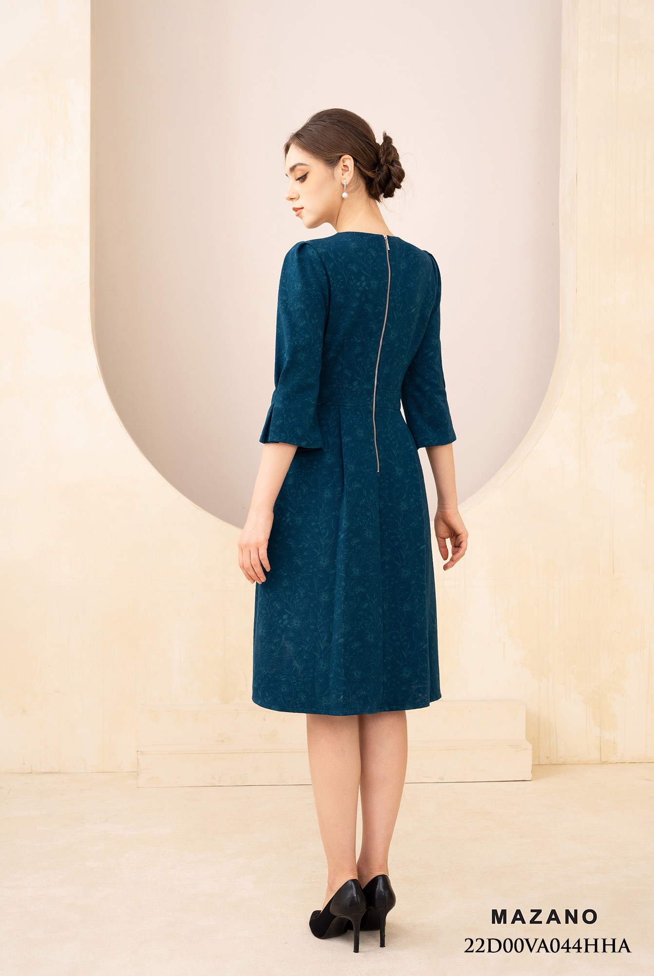 Đầm dạ len xanh thân ôm chân xếp ly tay cách điệu_thumbnail_2