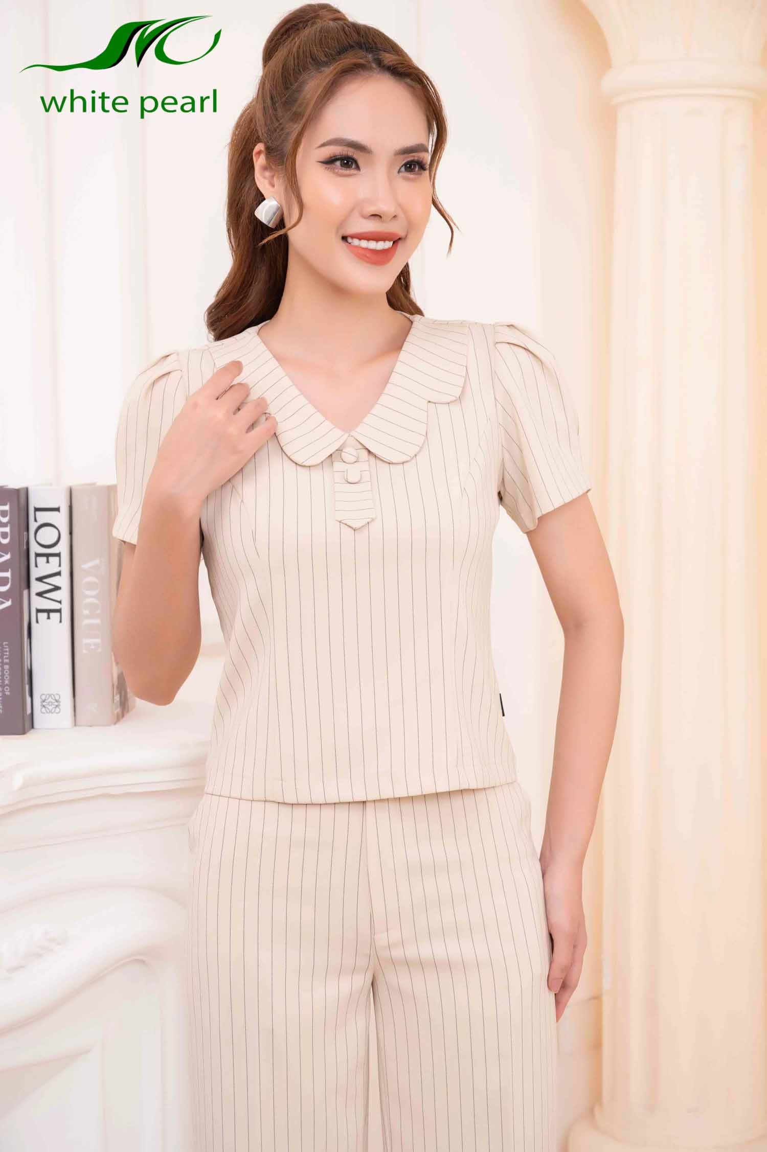 Bộ áo cổ nơ cà AK2344 Quần ống suông Q2204 thời trang công sở cao cấp White Pearl_thumbnail_3