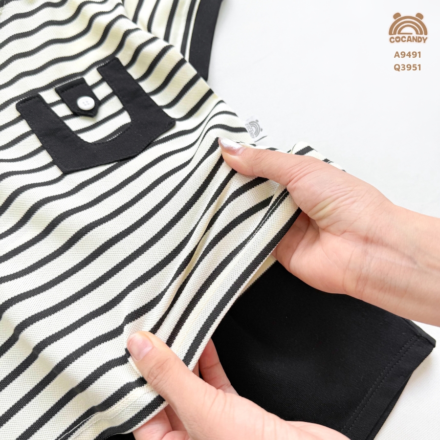 Áo cộc kẻ ĐEN BE cổ tròn túi ngực phối_thumbnail_2