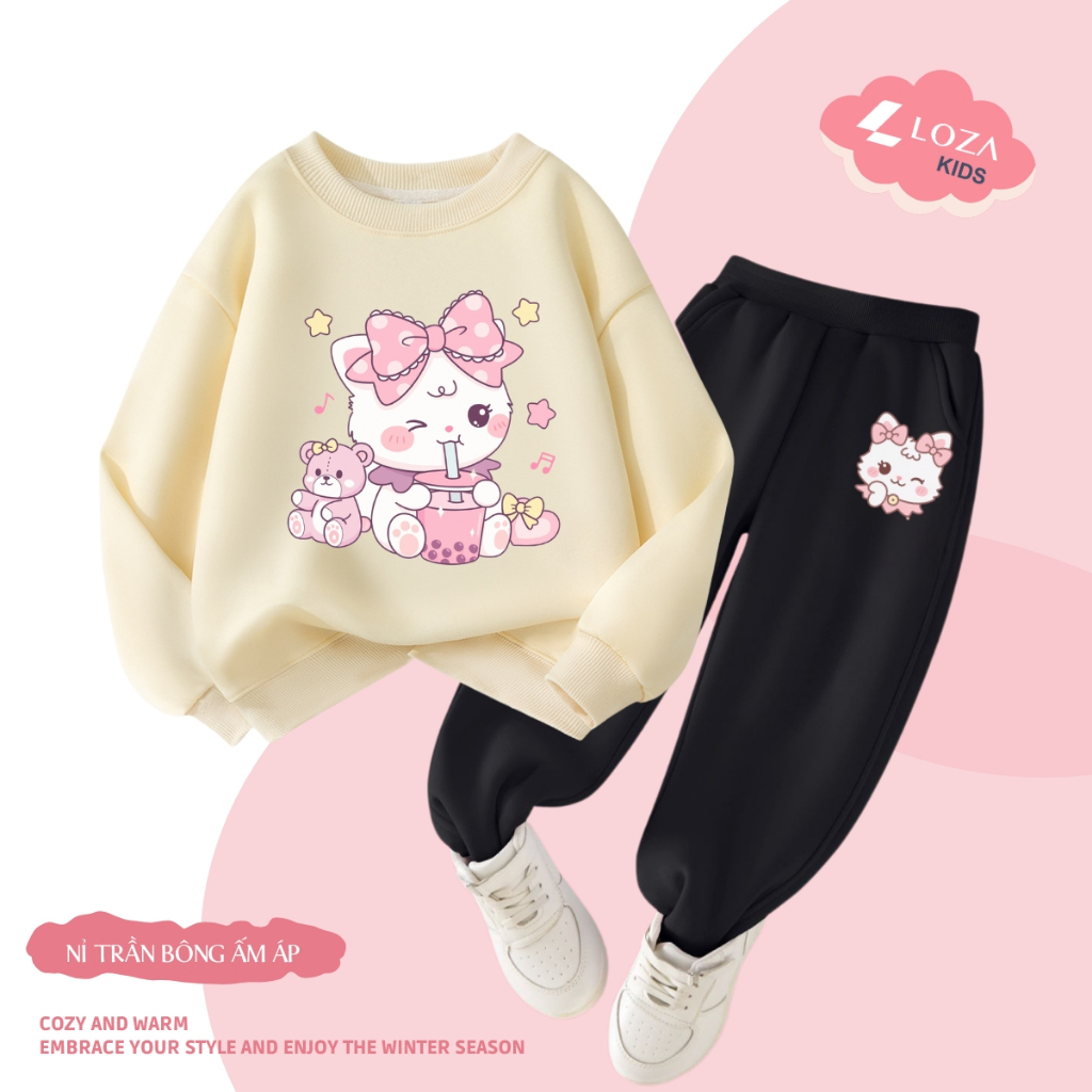 Set bộ nỉ bé gái in mèo cute - Loza Kids BI478_thumbnail_1