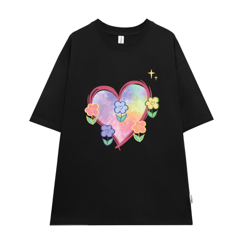 Áo thun cặp đôi hình trái tim form rộng tay lỡ màu xinh ATD1208 Miucho vải cotton thoáng mát cổ tròn in mix_thumbnail_0