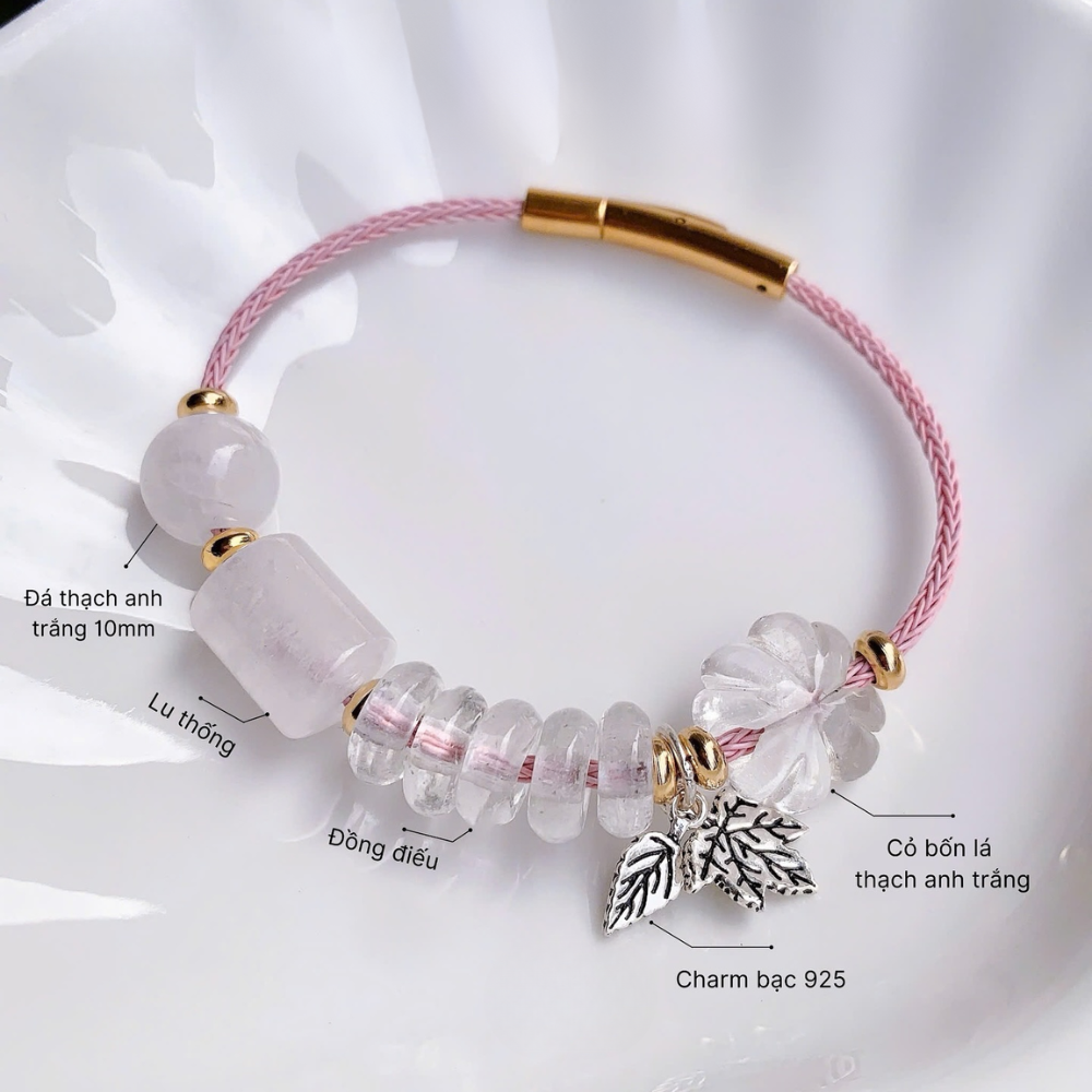 PT181 - Vòng tay dây cáp cỏ 4 lá, lu thống, ngũ điếu mix charm bạc_thumbnail_2