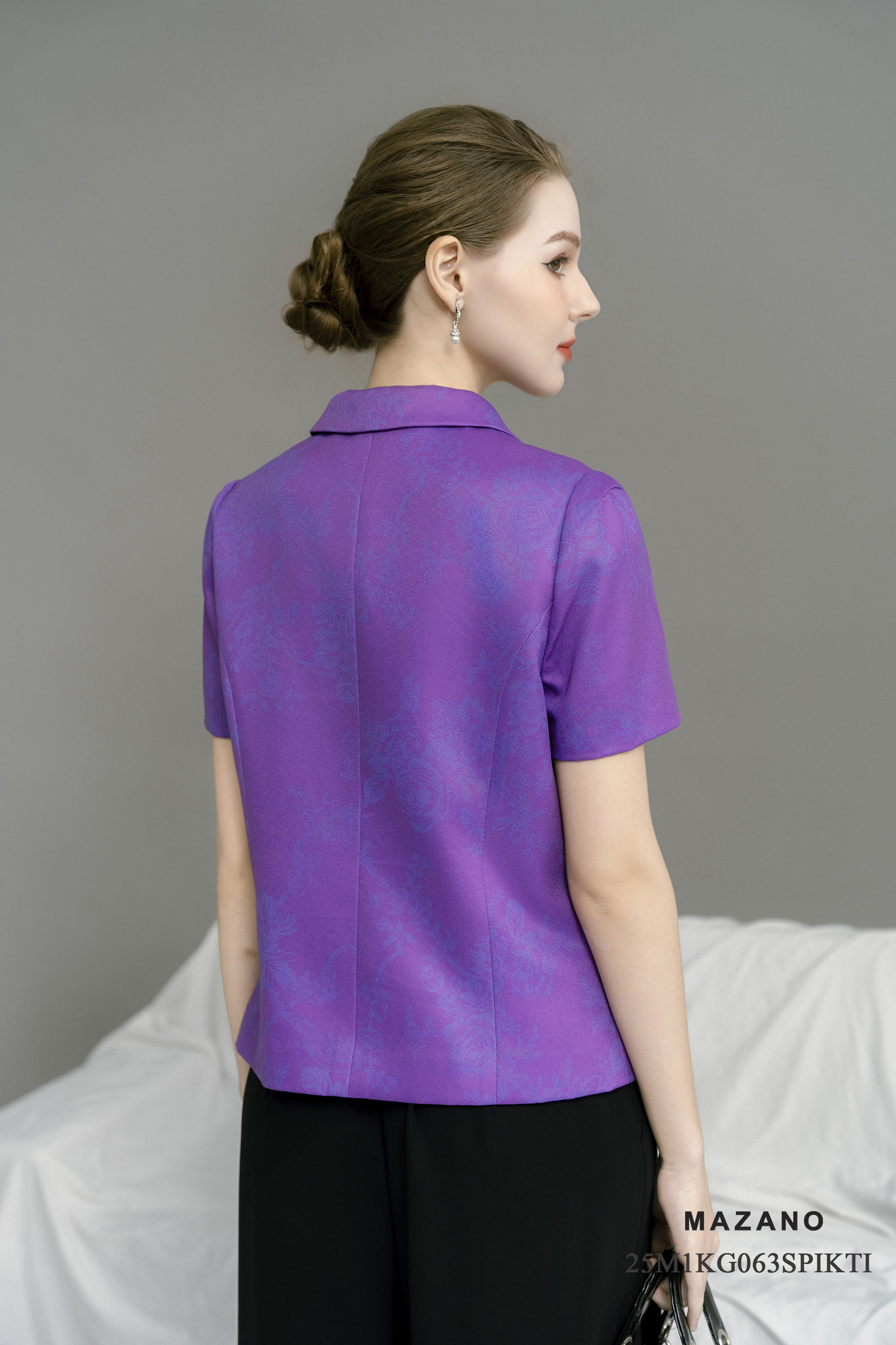 Áo ký giả Vải thô sạn In họa tiết hoa hồng cách điệu Cổ bẻ Tay ngắn Dài dưới eo_thumbnail_5