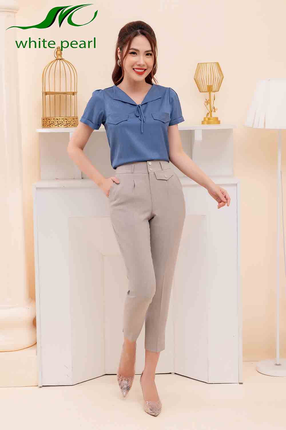 Quần baggy dáng dài 2 cúc có nắp túi giả thời trang công sở cao cấp White Pearl_thumbnail_1