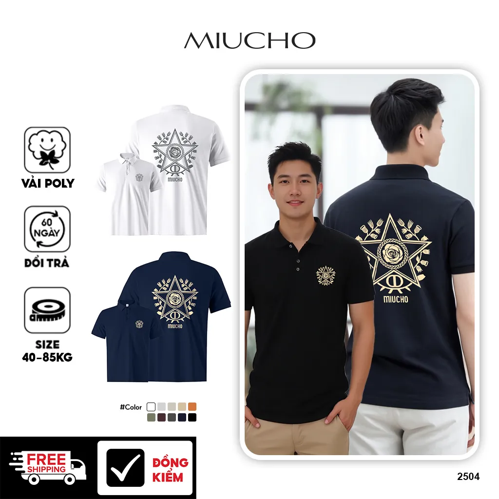 Áo polo form regular trẻ trung nam tính 2504 Miucho Iconic vải cá sấu thoáng mát cổ trụ in artwork
