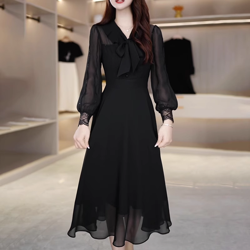 16615-Đầm xòe voan  đen tay lở cổ thắt nơ  ( voan, lót)_thumbnail_1