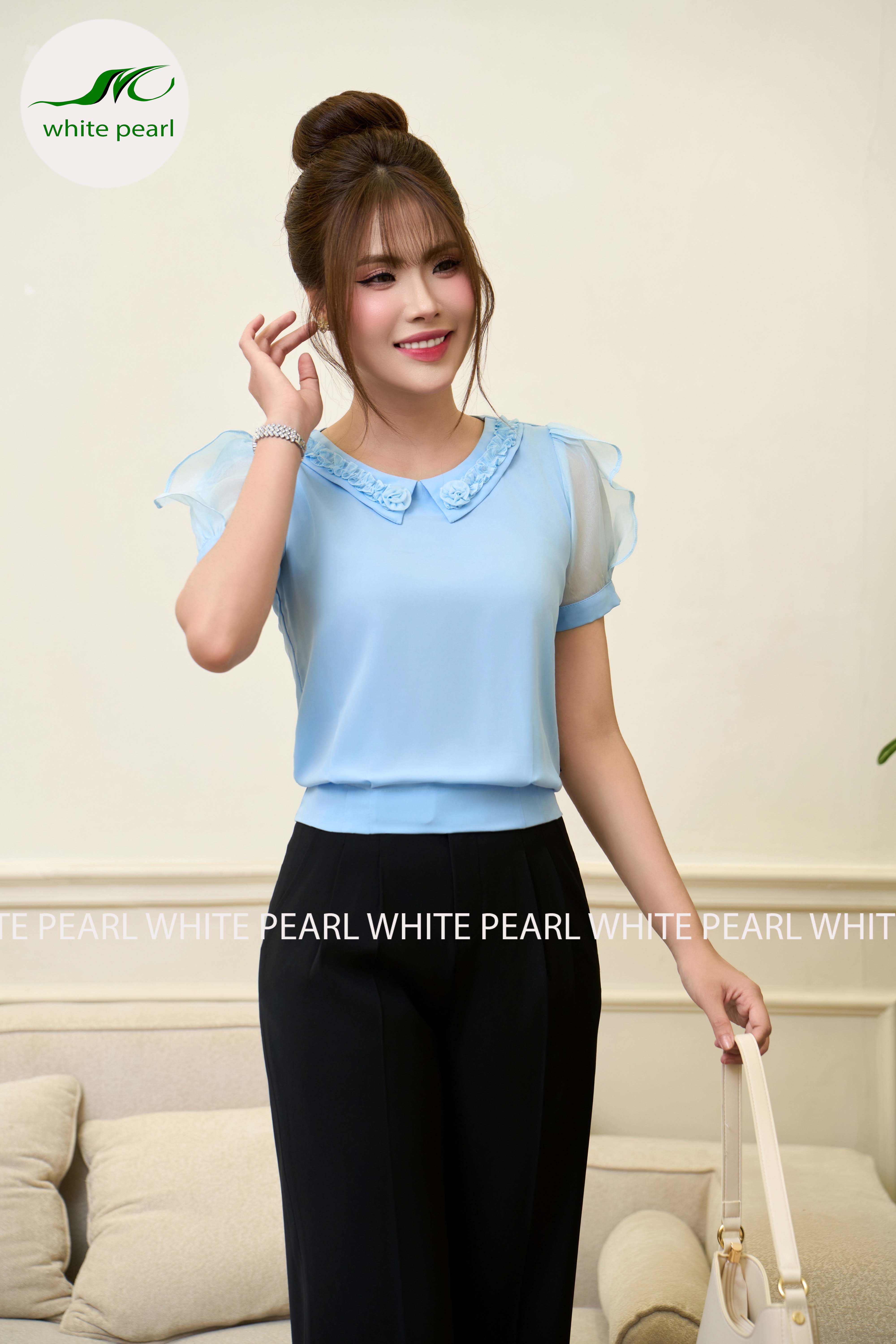 Áo cổ sen vuông bèo hoa thời trang công sở nữ White Pearl