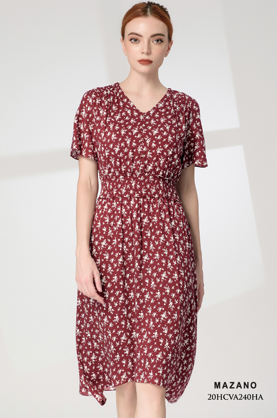 Đầm đỏ hoa nhí xòe rủ nhún bèo eo