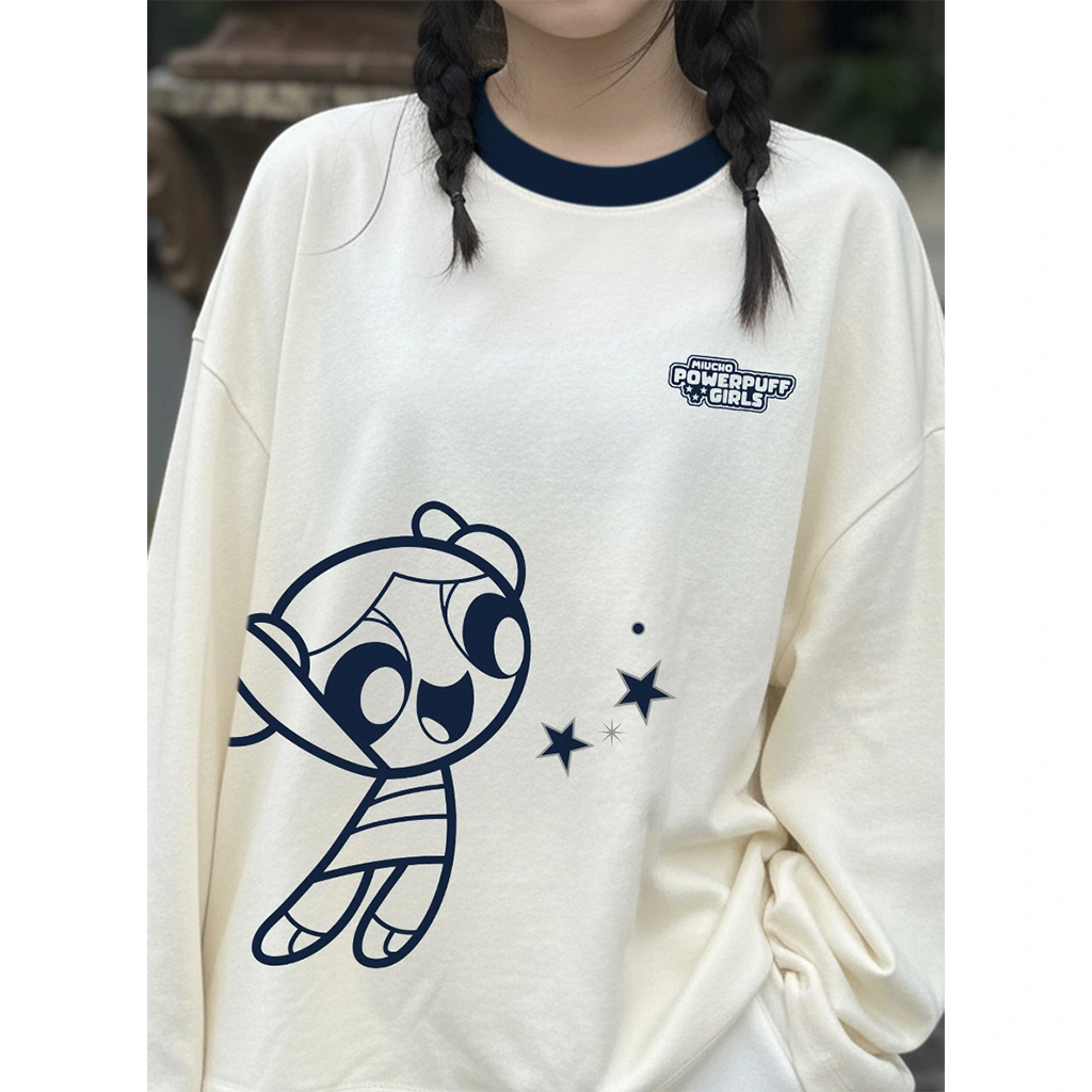 Áo thun boxy tay dài Miucho chất vải thoáng mát giữ form Powerpuff Girl phối cổ mix màu xanh đen 2815_thumbnail_9