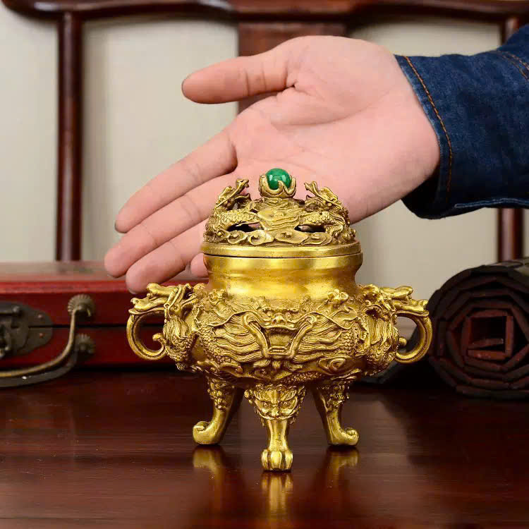 Lư xông trầm nắp ngọc bằng đồng KT cao 16cm 