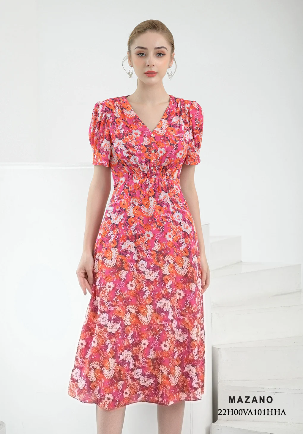 Đầm hồng họa tiết chun eo cổ tim_thumbnail_0