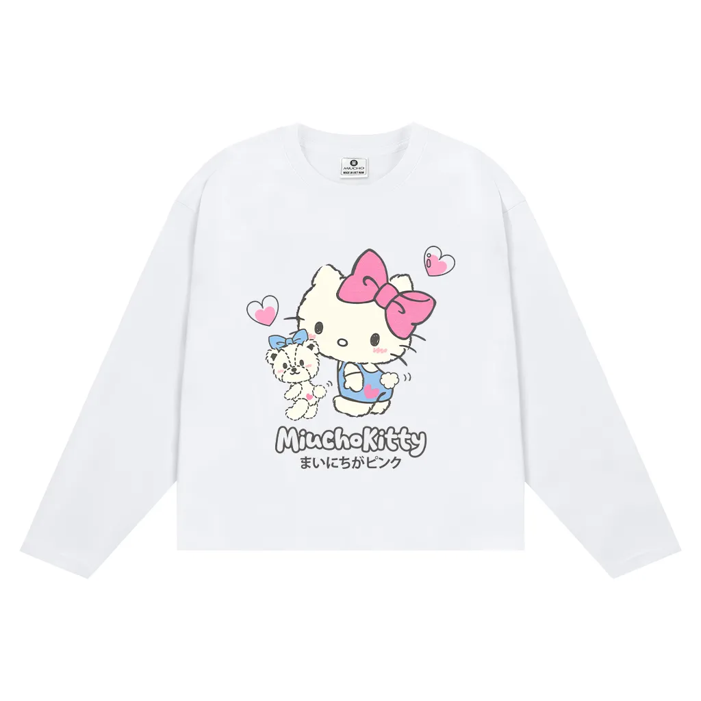 Áo thun nữ form boxy Miucho vải cotton thoáng mát thấm hút tốt tay dài cổ tròn Kitty dễ thương 2802
