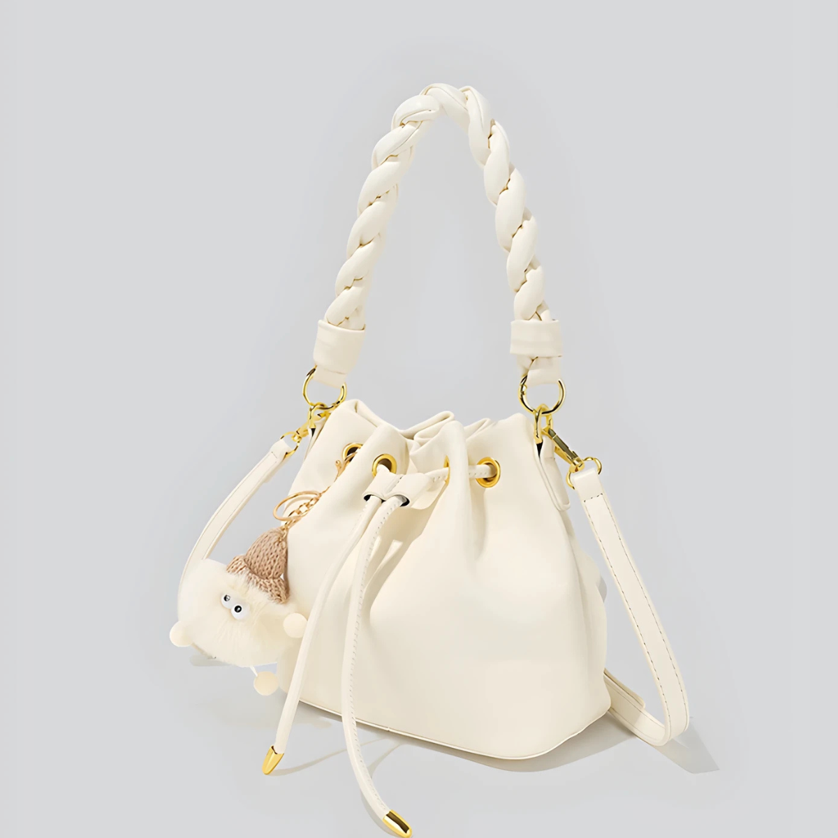 UHE Moon Puff 2509 – túi bucket da cao cấp, quai xoắn thời trang, charm bông xinh xắn, 3 màu hồng - trắng kem - xám bạc_thumbnail_5