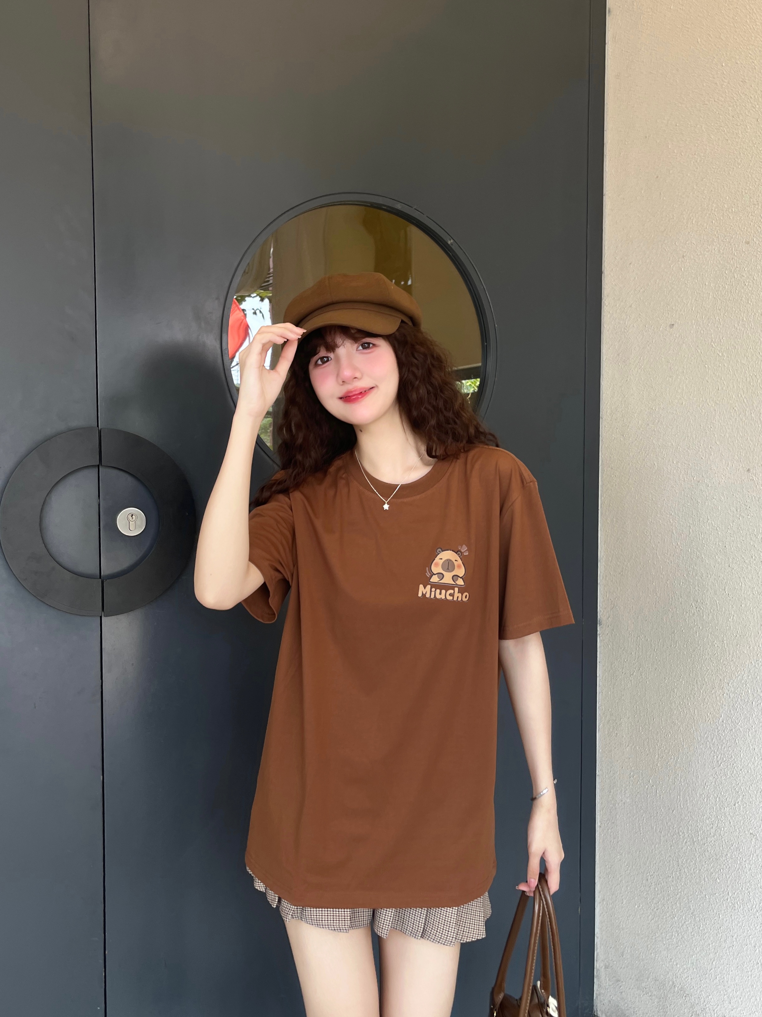 Áo thun gấu Capybara unisex form rộng tay lỡ màu xinh ATD1217 Miucho vải cotton thoáng mát cổ tròn in mix_thumbnail_5