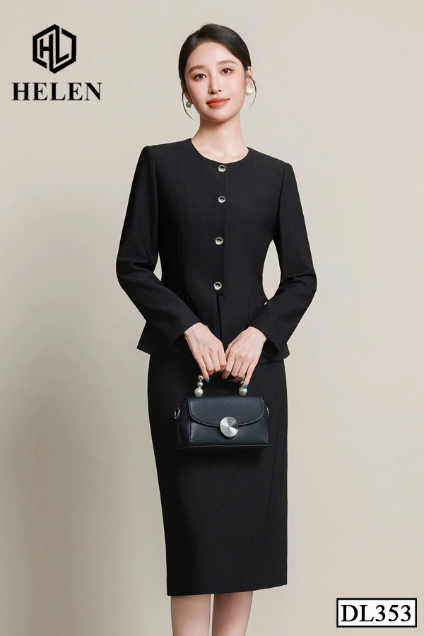 Đầm ôm peplum màu đen giả set cổ tròn DL353