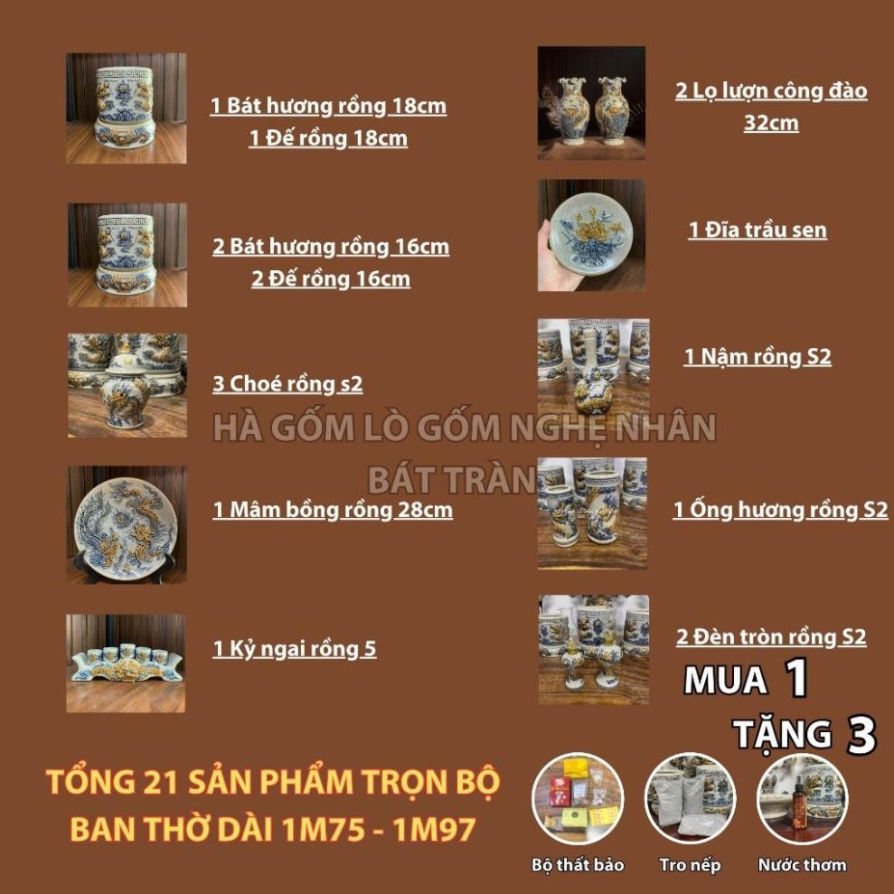 HG062 Đồ Thờ Cúng Bộ 21 món ban thờ 1M75 - 1M97 men rạn nổi nghệ nhân Bát Tràng chế tác TẶNG Thất Bảo, Tro Nếp_thumbnail_1