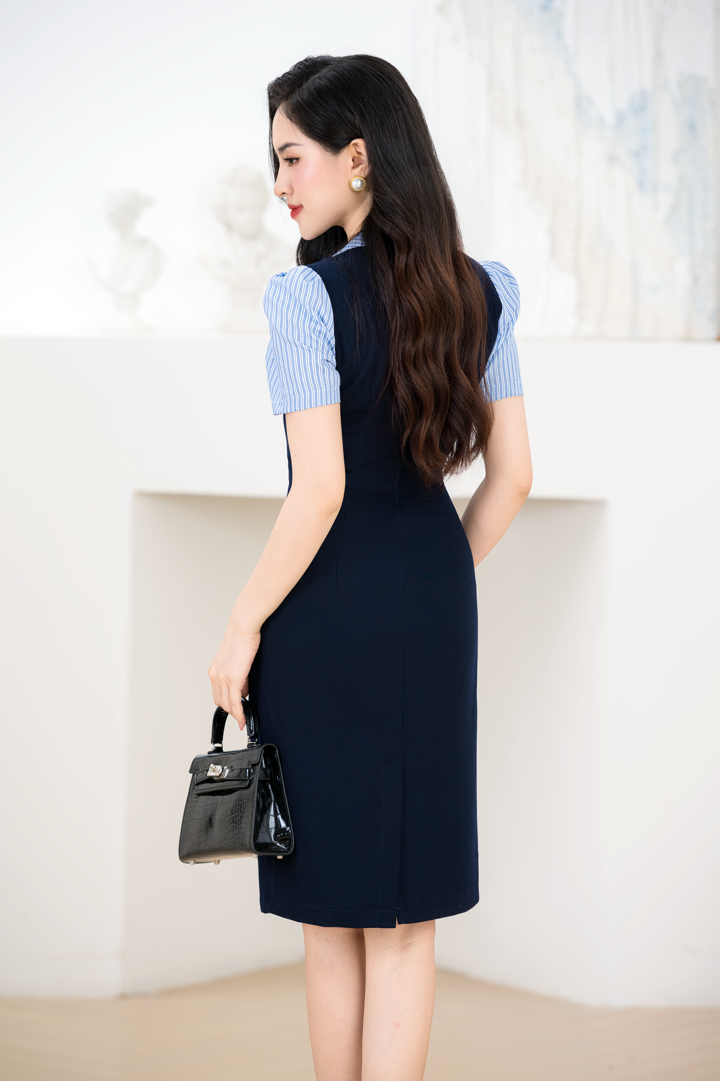 Đầm ôm xanh phối cổ kẻ_thumbnail_1