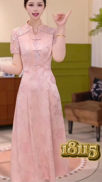 18115-Đầm xòe A lụa vân gấm vai phối ren hồng nhạt ( lụa, ren)