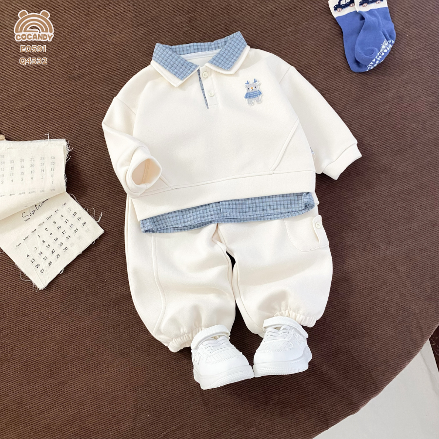 Áo dài TRẮNG phối caro XANH