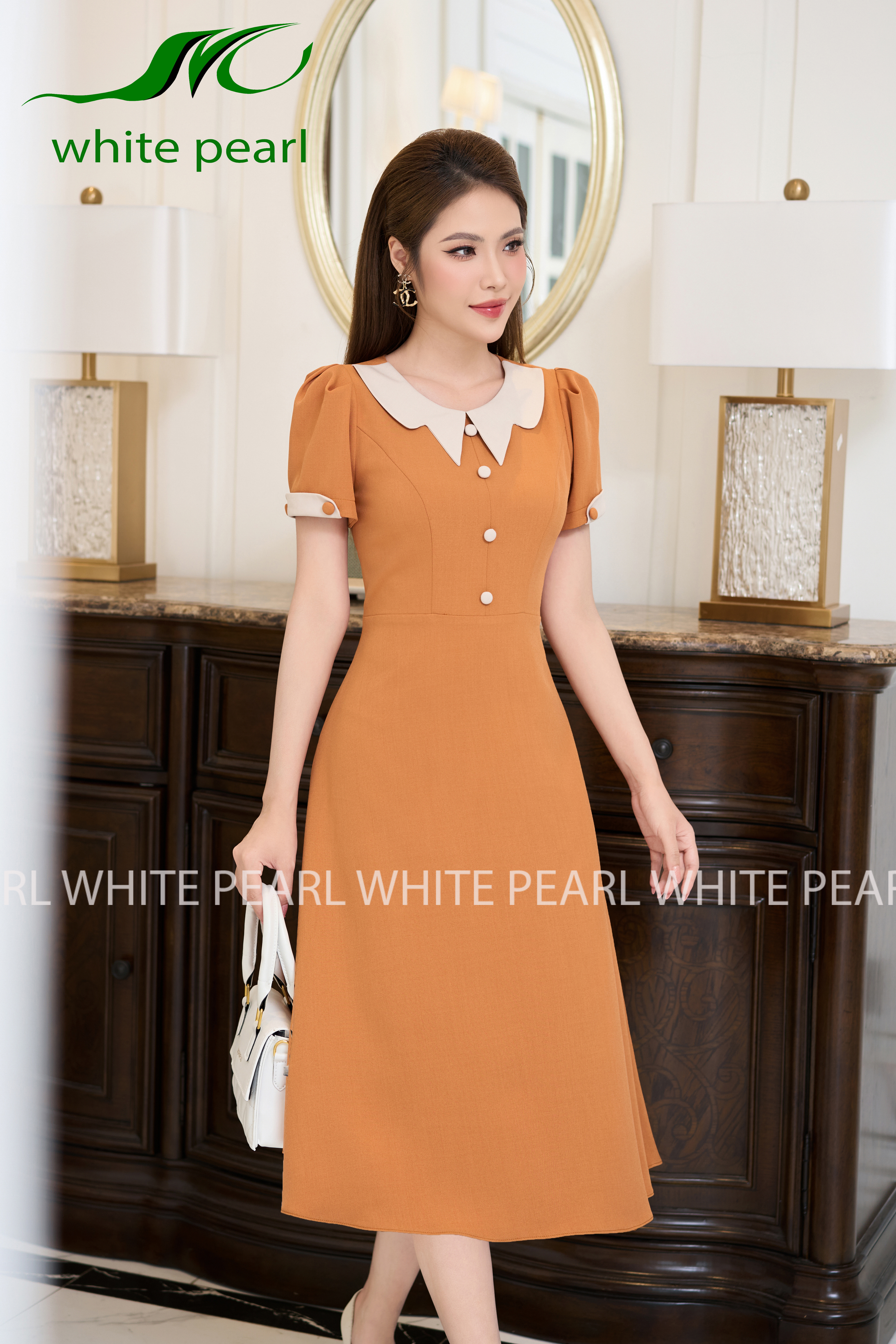 Đầm xòe liền cổ sao D2405 màu cam thời trang công sở cao cấp White Pearl_thumbnail_4