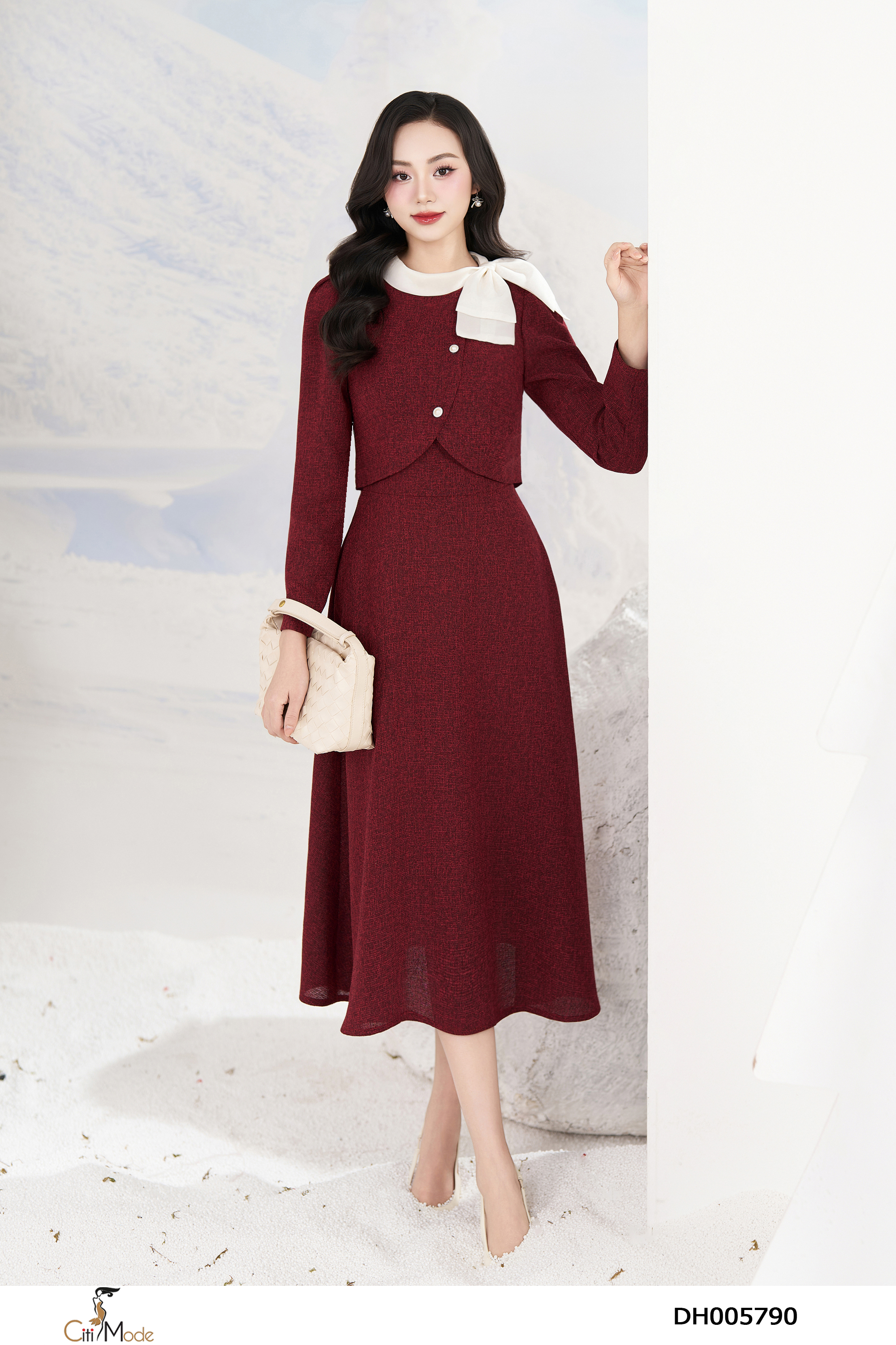 Đầm xòe dạ đỏ giả set cổ phối nơ cách điệu