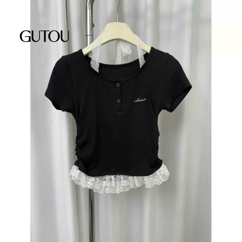 [GUTOU] Áo thun gân tăm phối ren cổ vuông_thumbnail_7