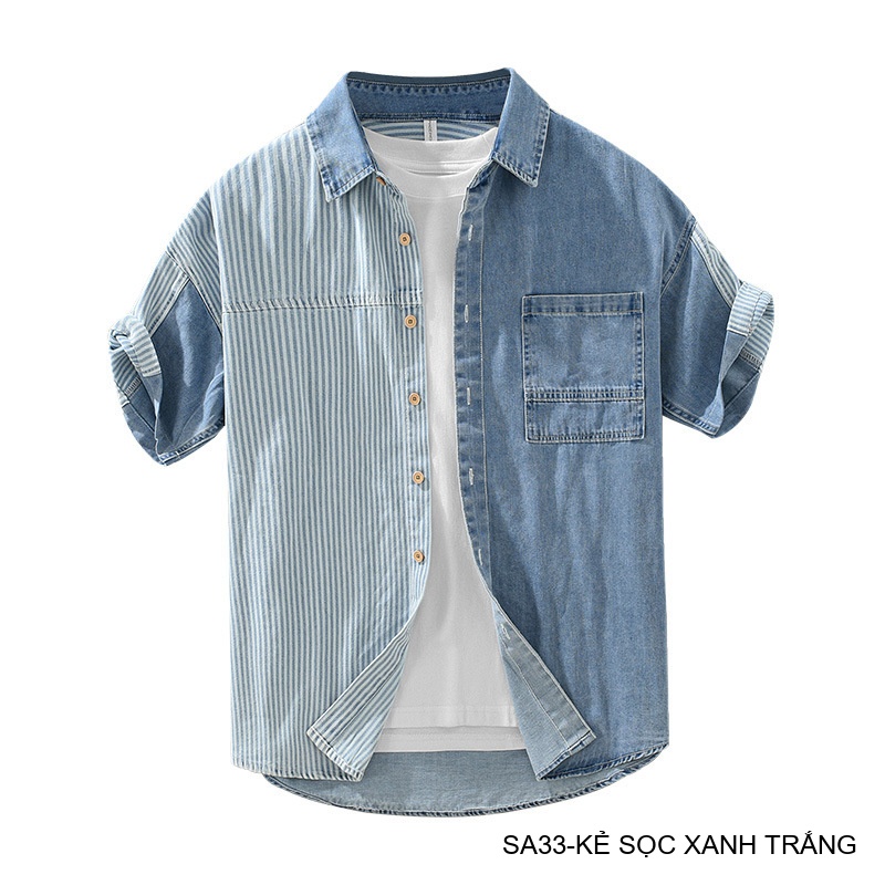 SA33 - Áo sơ mi nam kẻ sọc xanh trắng phong cách Hồng Kông, tay ngắn, chất cotton thoáng mát_thumbnail_6