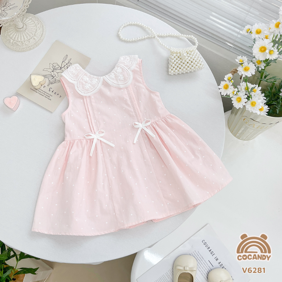 Váy sát nách HỒNG chấm bi nhún phối 2 nơ