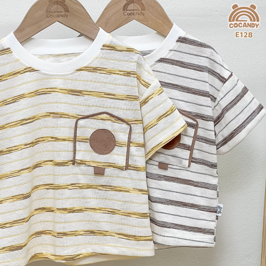 Áo cộc cotton kẻ VÀNG BE phối túi ngực hòm thư_thumbnail_3