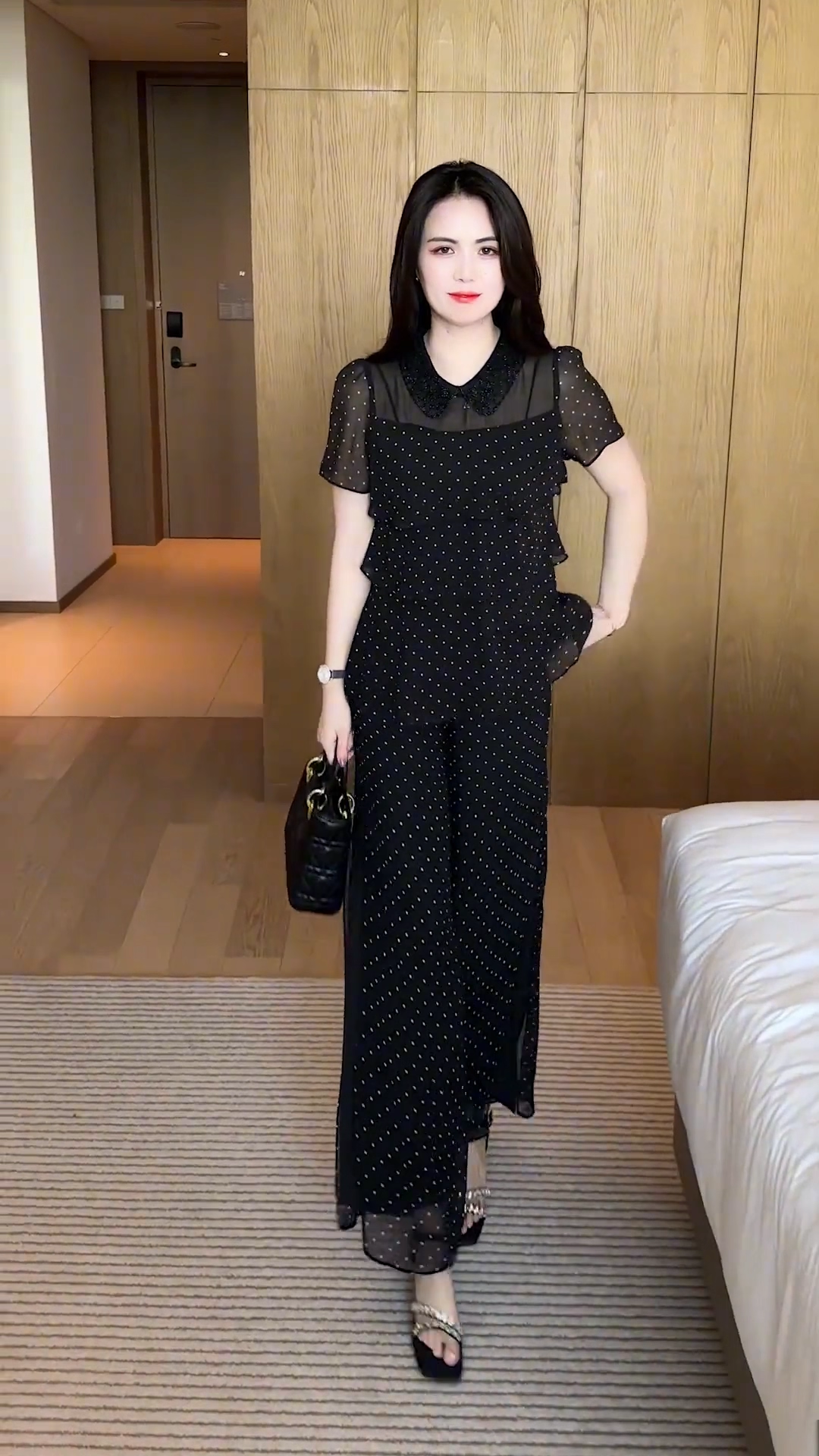 17399-Set bộ áo xếp tầng quần suông  voan tim bi nhí  ( voan, lót)