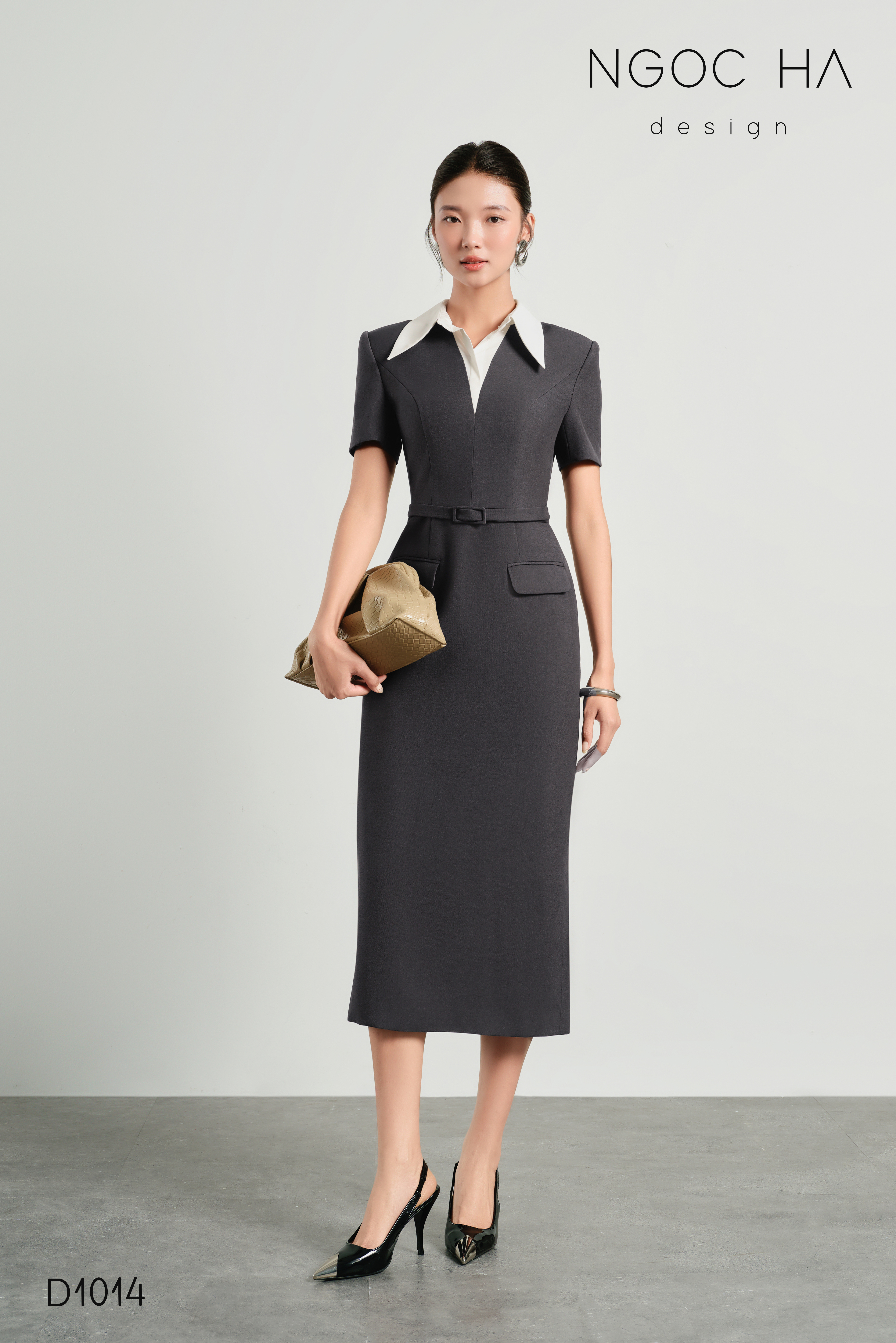 Aline Dress_ Đầm Bút Chì Màu Ghi Mix Cổ Trắng D1014_thumbnail_5