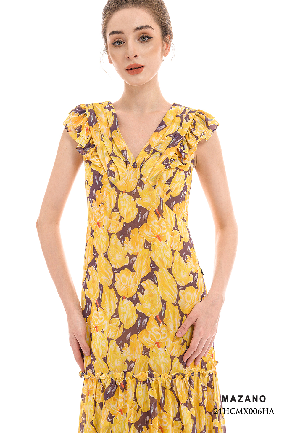 Đầm Maxi vải voan màu vàng in hoạ tiết hiện đại_thumbnail_4