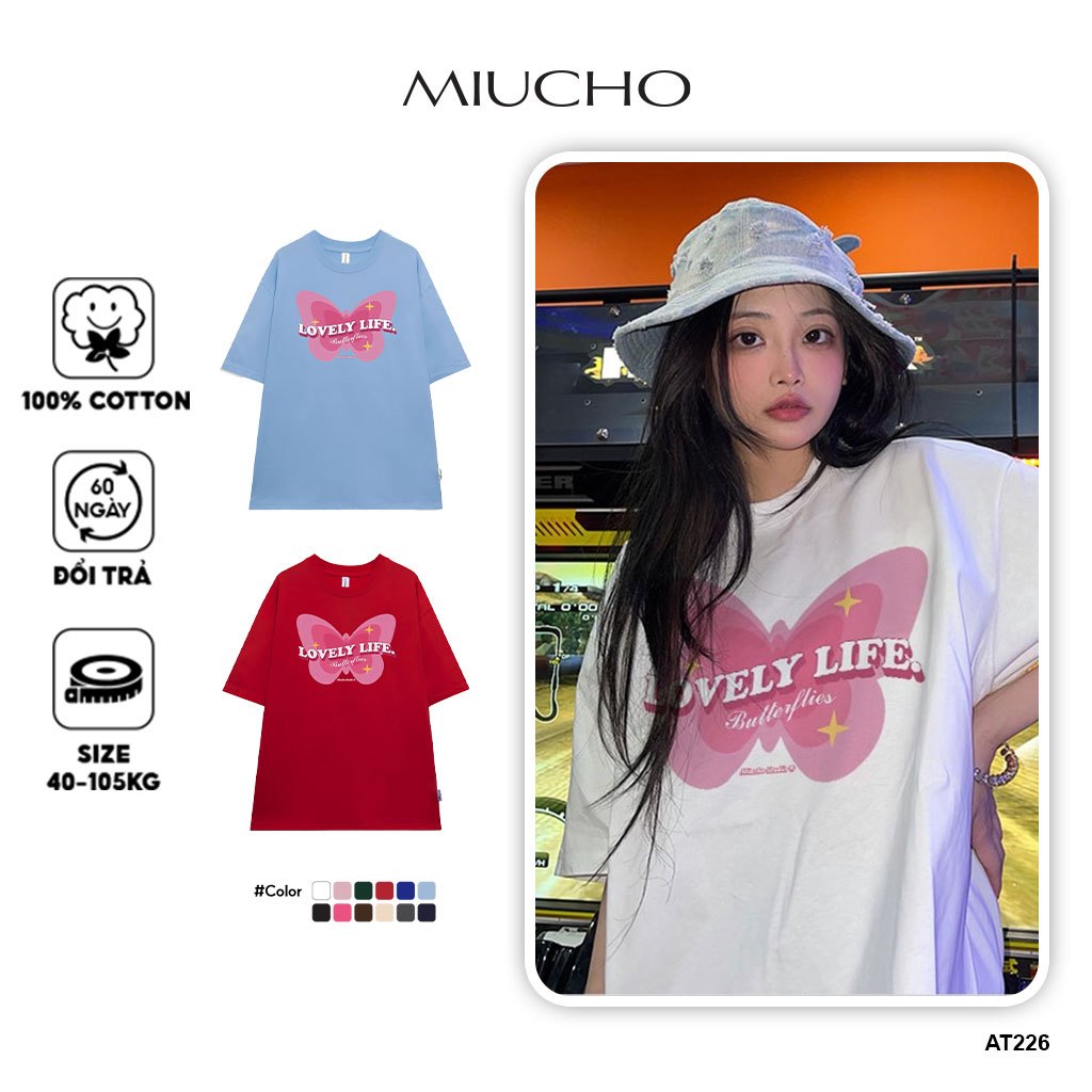 Áo thun form rộng nữ tay lỡ Miucho oversize chất vải cotton AT226 Miucho in hình hoạ tiết
