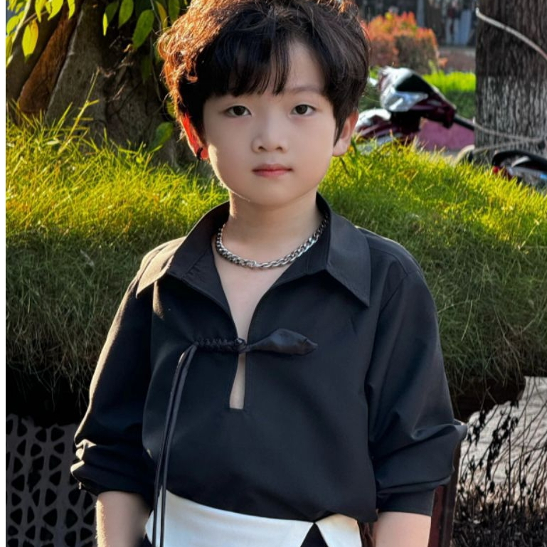 Quần Suông Đen Đai Trắng Dáng rộng, Áo Đen Cúc Tàu Cho Bé Trai._thumbnail_9